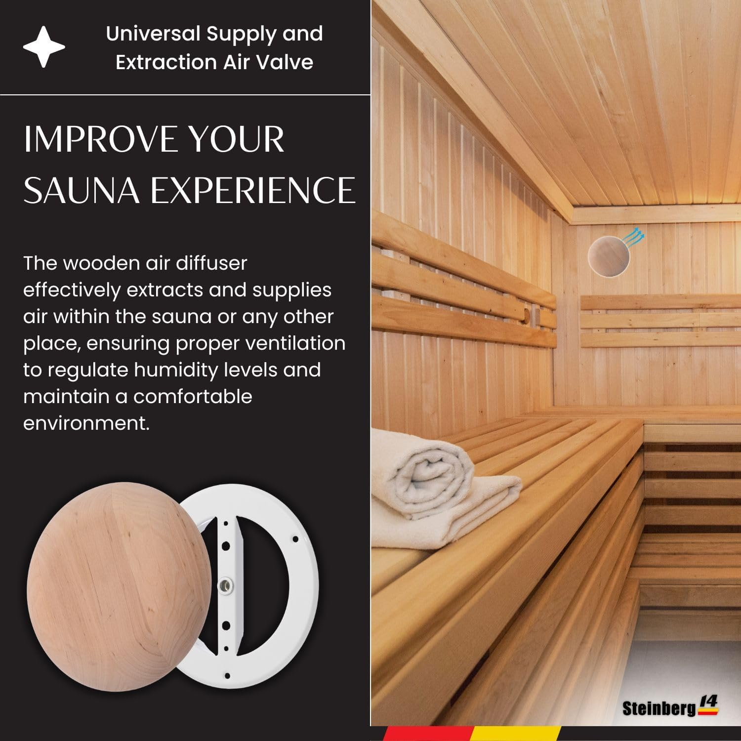 Steinberg14 Wooden Air Diffuser - 4 Inch Universal Supply and Exhaust Valve - 100Mm Adjustable Vent Cover - round Wall Ceiling Vent - Black Alder Wood Air Vent - Ventilation Grille for Sauna image number 2