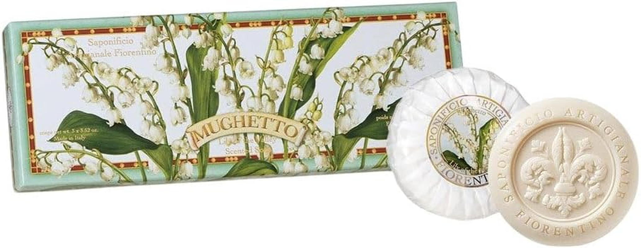 Saponificio Artigianale Fiorentino Lily of the Valley round Sculpted Soap Set, 300 Grams image number 3
