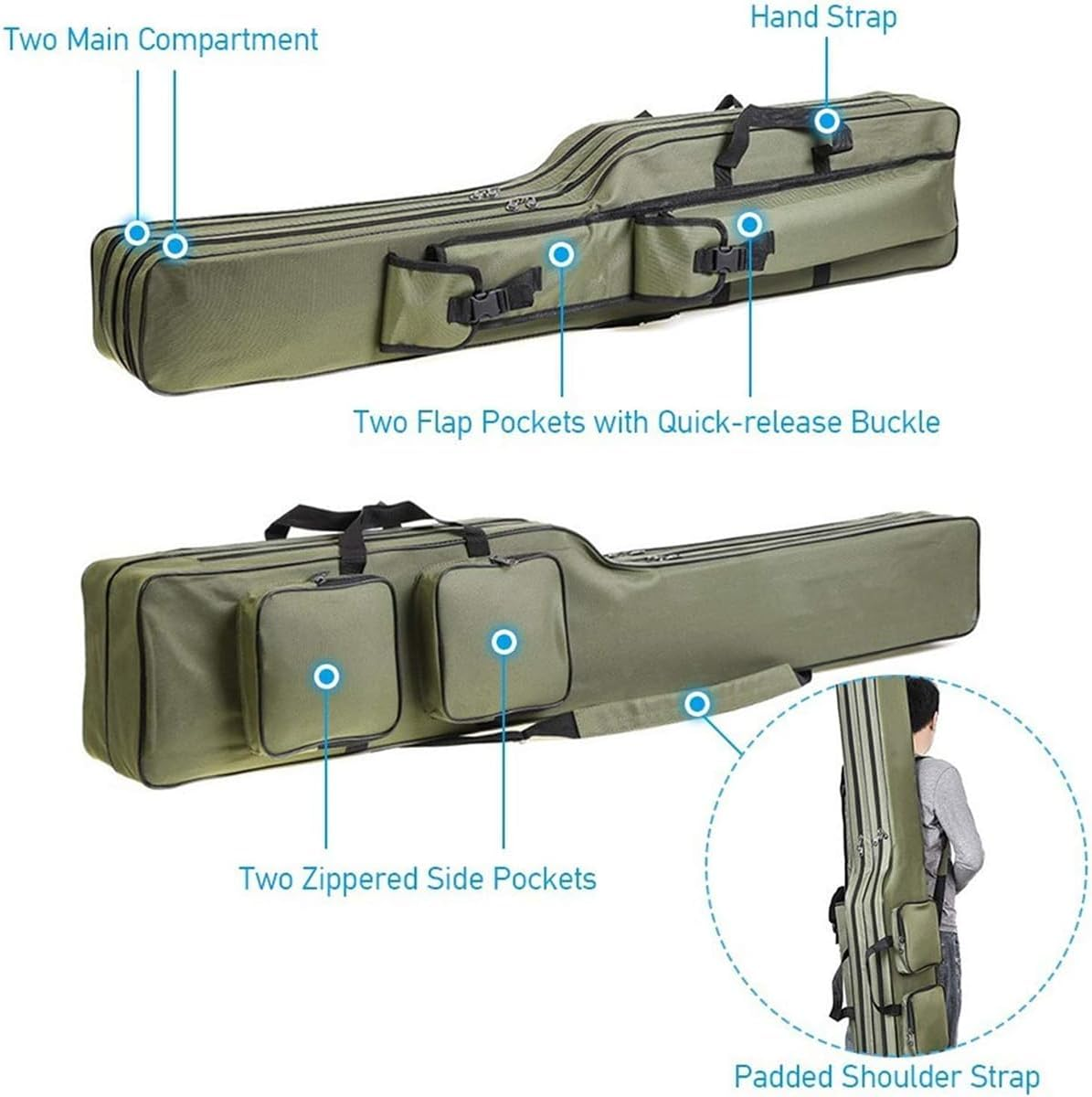 AIMALL 51.2 Inch Double-Layer Fishing Rod Bag with Waterproof Coating and Multi-Pocket Design, Portable Tear-Resistant Gear Carrying Case for Sea and Freshwater Fishing - Deep Blue Camouflage image number 7