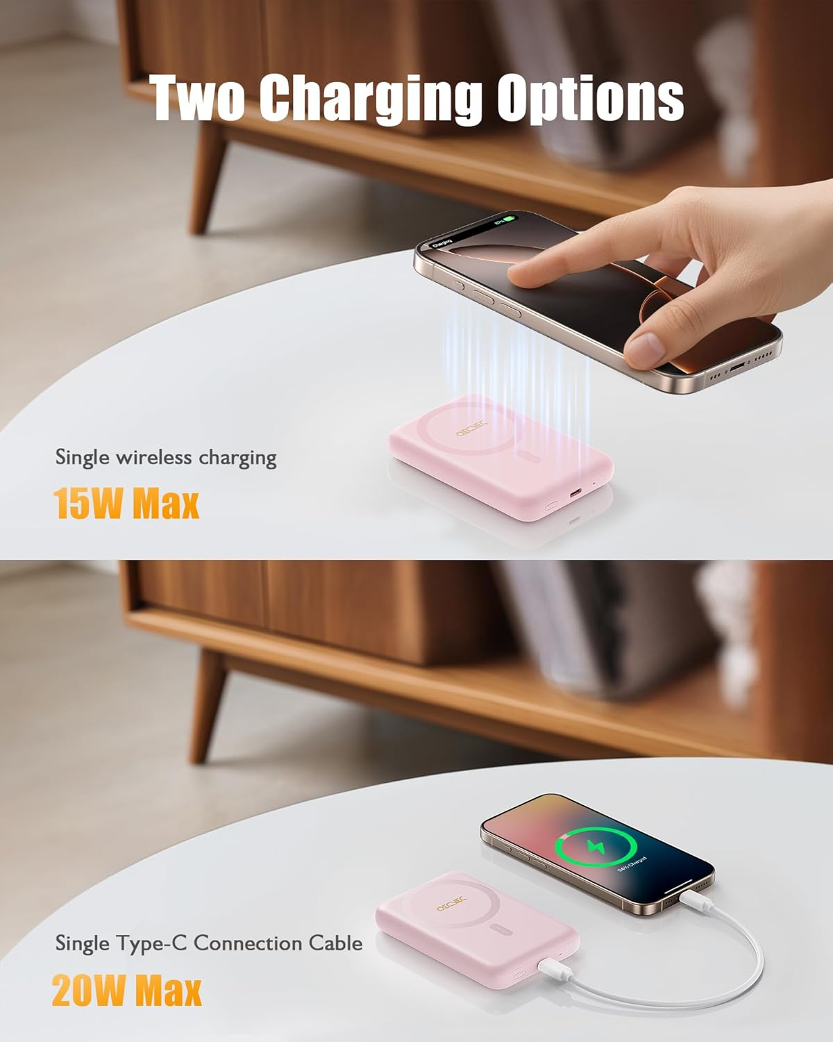 QECVEC Mag-Safe Power Bank - 10000Mah Magnetic Portable Charger with 15W Wireless Fast Charging & 20W PD Wired Charging, Compatible for Iphone 12/13/14/15/16 Series. (Pink) image number 3