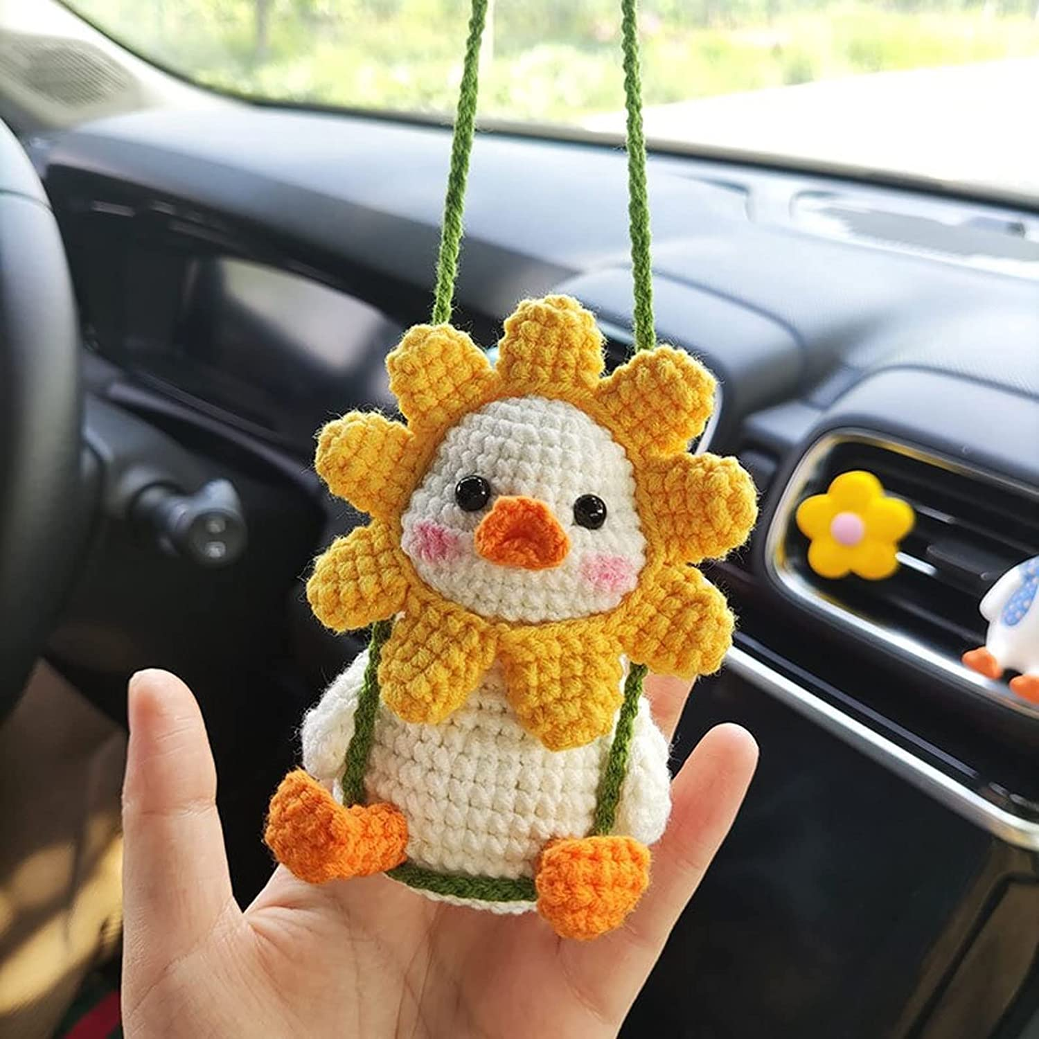 Crocheted Cute Swing Duck Rearview Mirror Hanging Ornament, Pendant for Car Interior Decor, Lucky Accessories (Handmade) image number 4