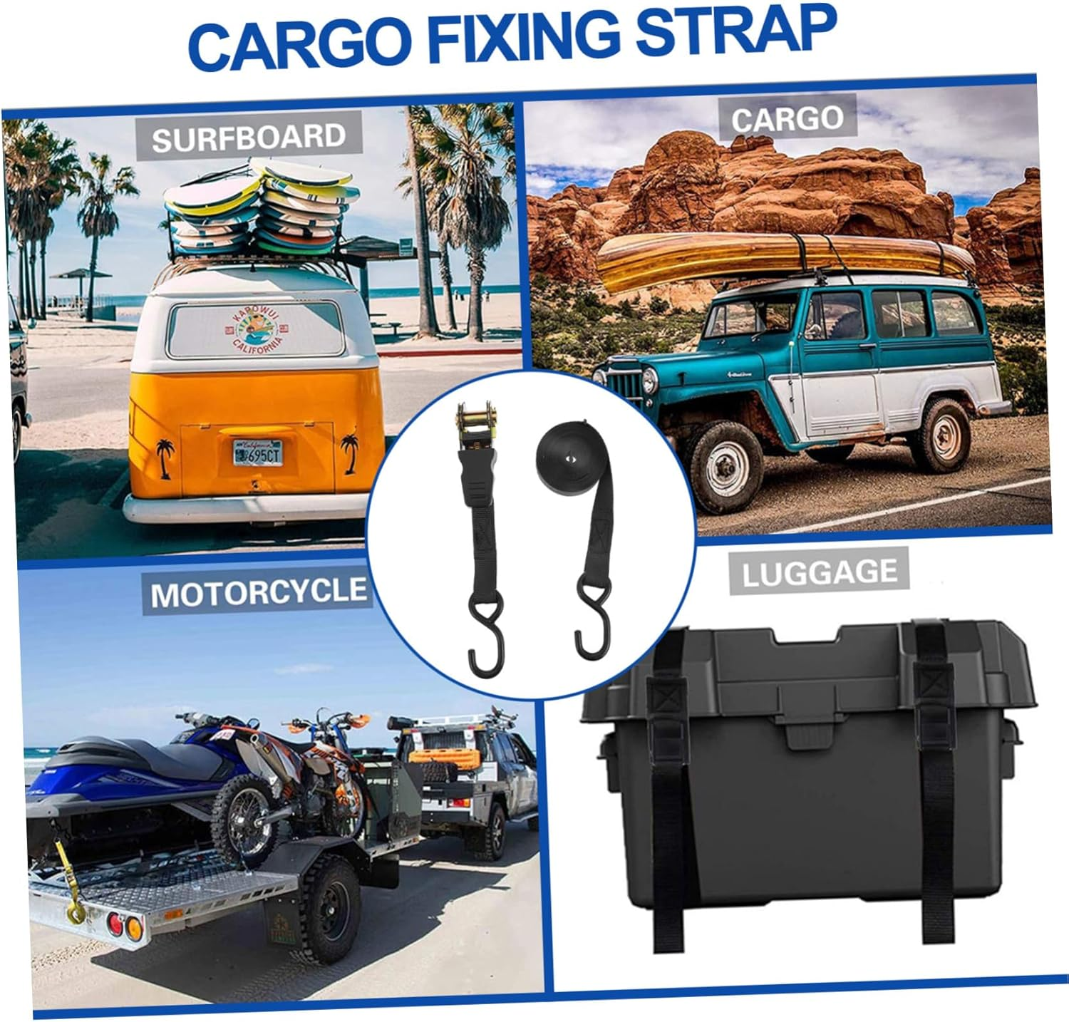 25Mm Cargo Binding Belts and Motorcycle Cargo Straps, 2 Sets Black Luggage Tie down Straps for Car and Travel Use, Heavy Duty Sturdy Securing Bands image number 5