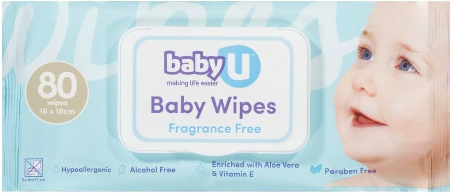 Baby U Fragrance Free Hypoallergenic Gentle Cleanser Wipe 80-Pieces Pack, 16 Cm X 18 Cm Size