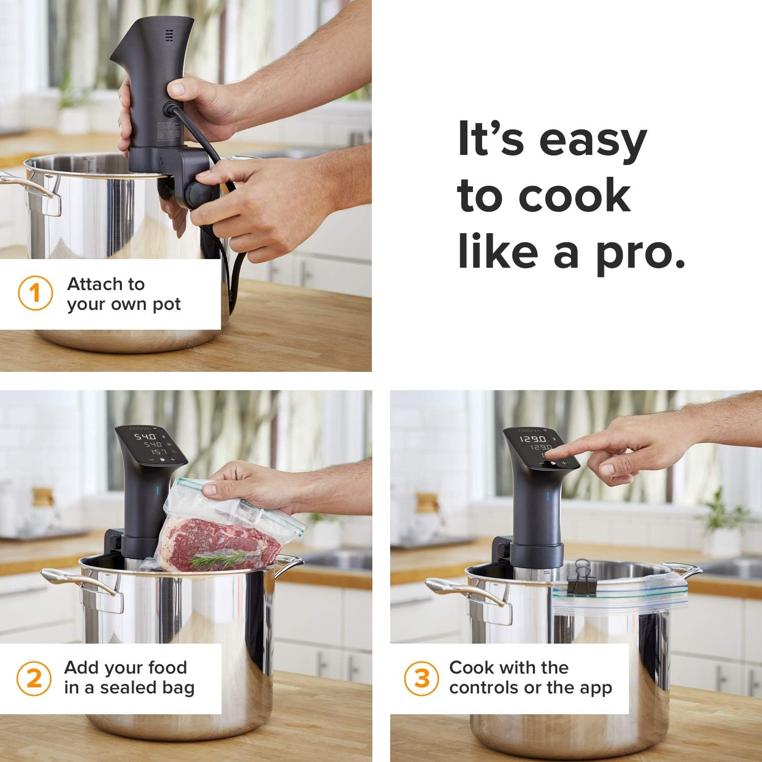 Sous Vide Precision Cooker Pro, 1200 Watts, Black and Silver image number 3
