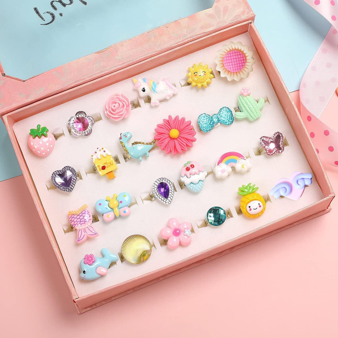 Little Girl Jewel Rings in Box, Adjustable, No Duplication, Girl Pretend Play and Dress up Rings (24 Lovely Ring) and Children'S Decompression Cute Toy Cartoon Bag image number 1