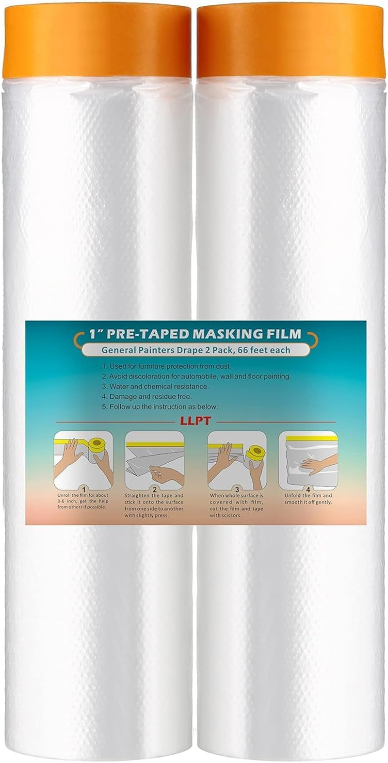 TIAMORK Tape and Drape Pre-Taped Masking Film 110&rdquo;(Unfolded) X 66 Ft Each 2 Pack General Painters Plastic Drop Cloth for Auto Wall Furniture Painting Spraying from Dust Contamination image number 3