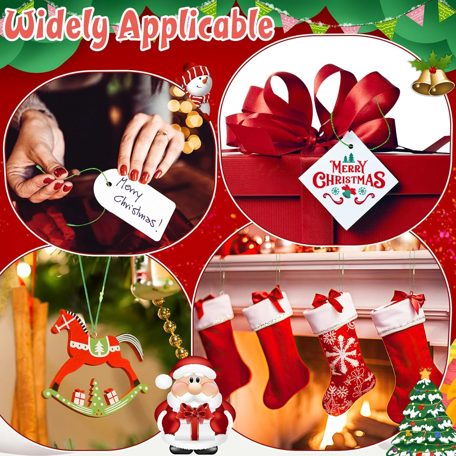 JUNEBRUSHS 600Pcs Christmas Ornament Hooks, Ornament Hangers with Snap Ornament String for Christmas Tree Holiday Party Hanging Decorations Ropes Easy and Fast Locking (Green) image number 4