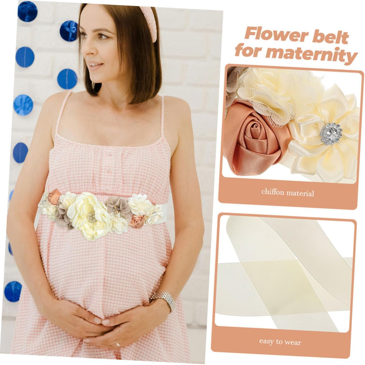 2Pcs Flower Maternity Belly Sash Bridesmaid Sash Belt Dad Mommy Wedding Belt Photo Prop - Beige image number 5