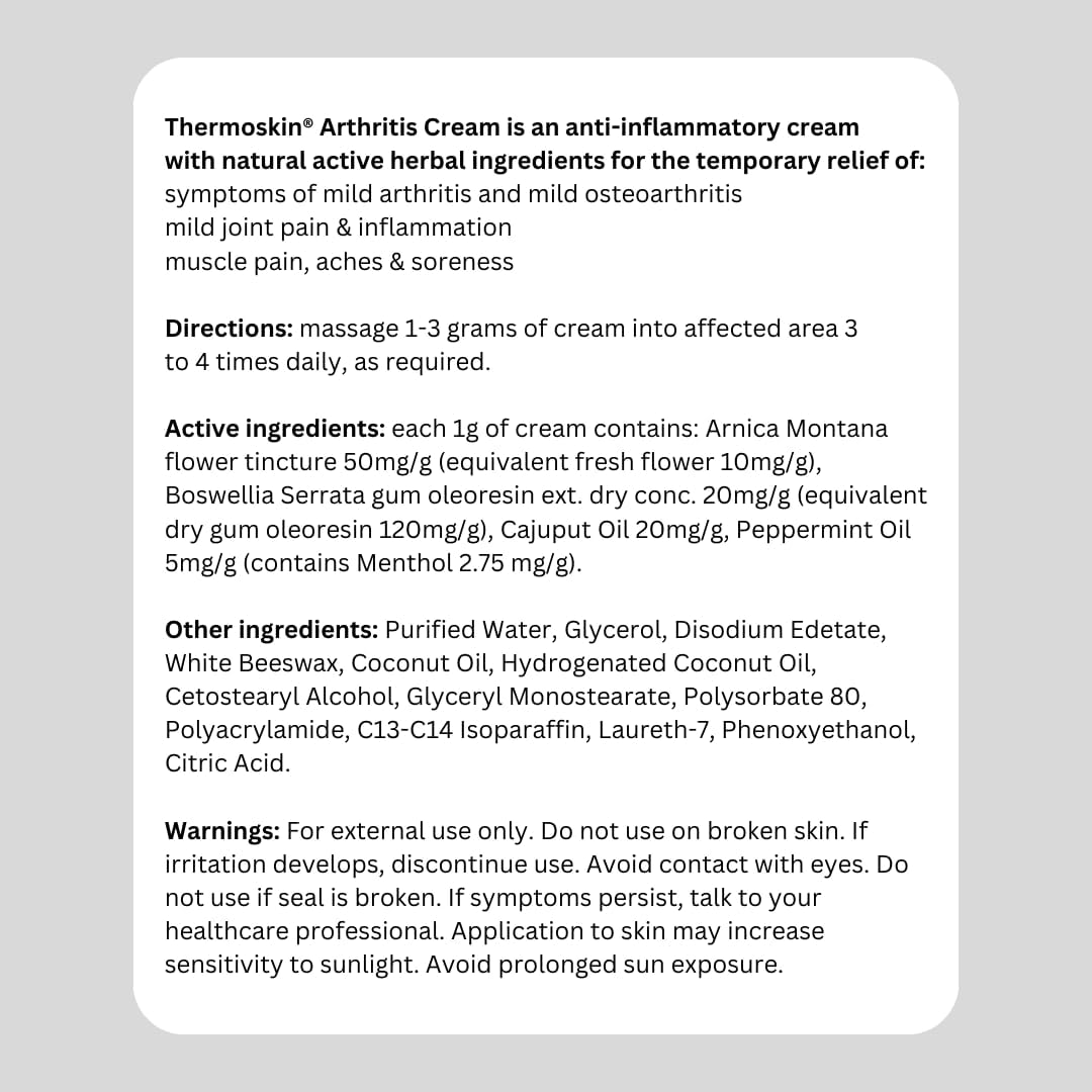 Thermoskin Arthritis Cream 100 G &ndash; Natural Arthritis Pain Relief Cream - Helps Reduce Joint Pain, Stiffness & Swelling, Supports Mobility & Flexibility, Easy-Absorbing Topical Cream. Natural Active Ingredients for Mild Osteoarthritis & Joint Inflammation. image number 1