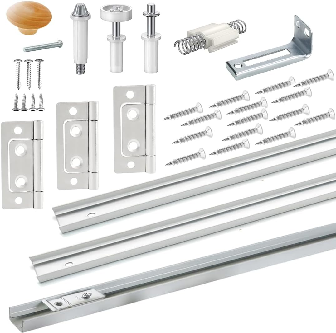 Bifold Closet Door Hardware Kit with Tracks, Folding Door Hardware Replacements Part Included Full Accessories, Top Guide Wheels, Top Pivot, Bottom Pivot, Hinges and Segmented Track (36 Inch)