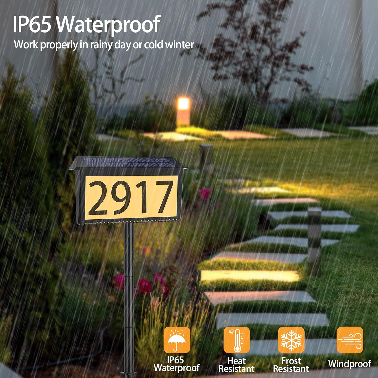 Solar Address Sign, House Numbers for outside Light Up, 3 Colors Waterproof LED Illuminated House Numbers with Stake, Wall Mounted/In Ground Solar Powered Address Plaque for Yard Garden Home image number 1