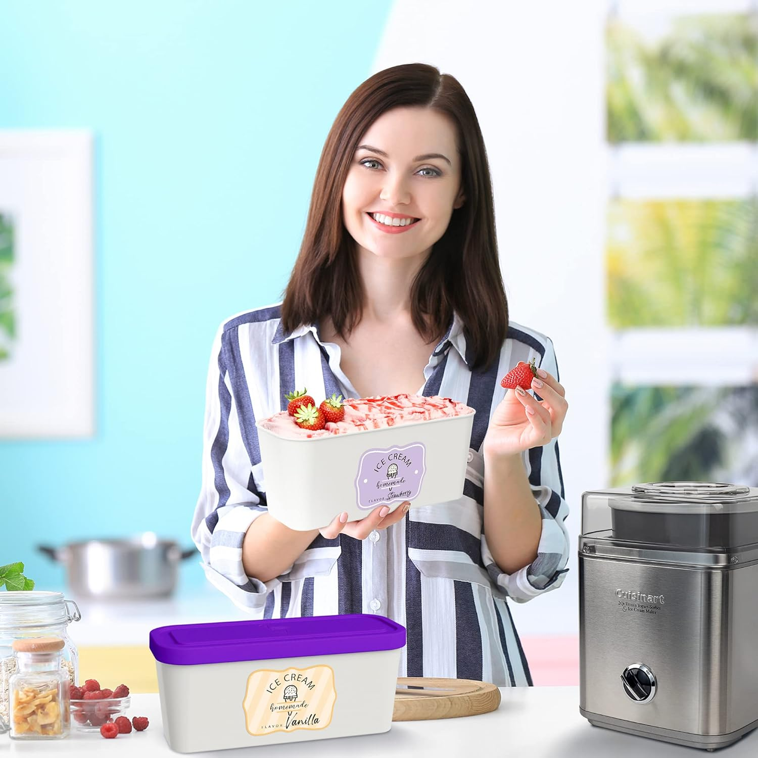 Premium Ice Cream Containers Set of 2 with Size of 1.6 Quart- Perfect for Homemade Ice Cream, Sorbet, Frozen Yogurt and Gelato - Stackable Pint Containers W/Lids and Sticker to Store Easly in Freezer image number 1