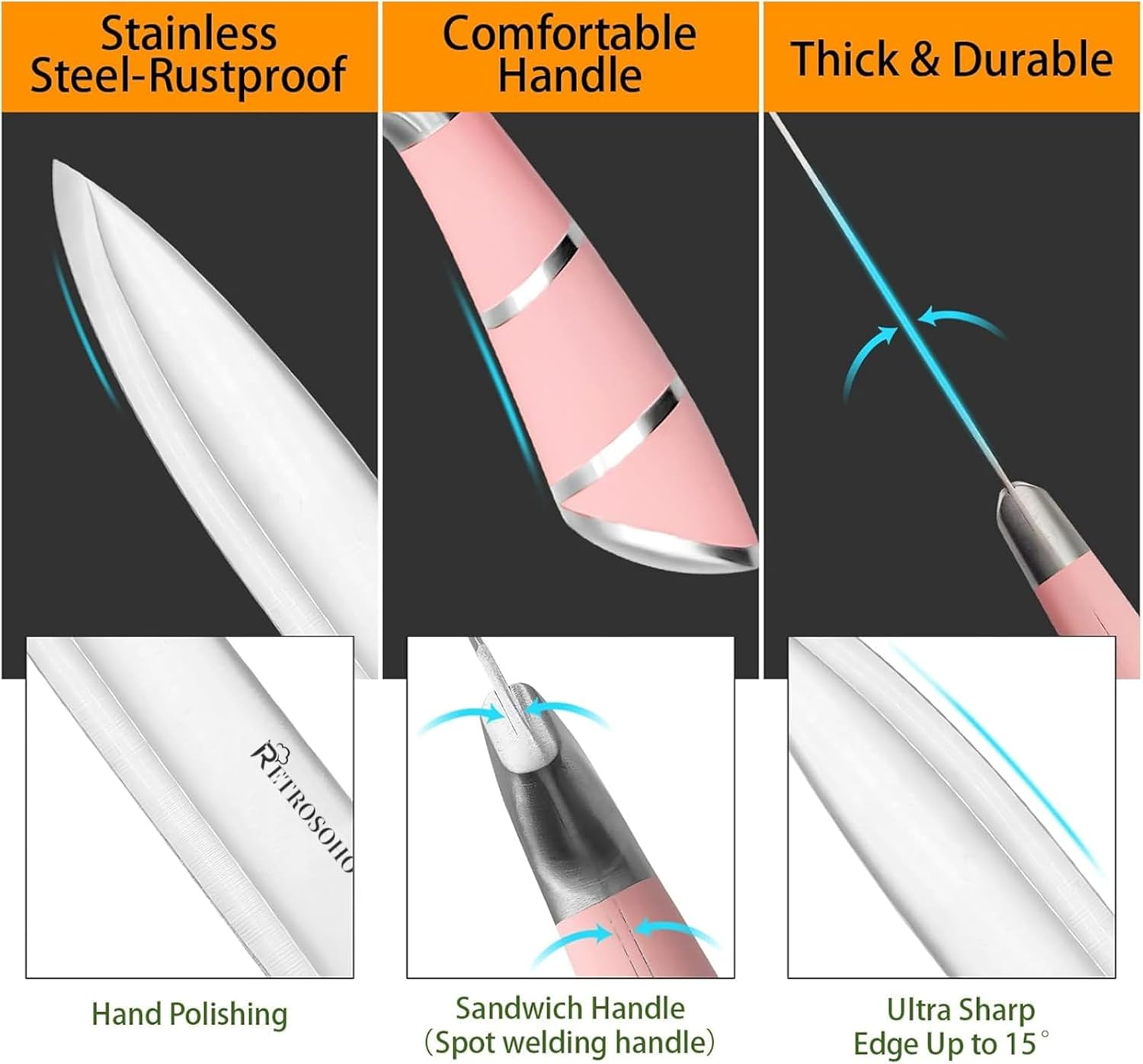 Kitchen Knife Set, 9-Pieces Pink Sharp Non-Stick Coated Chef Knives Block Set,Stainless Steel Knife Set for Kitchen with Sharpener for Cutting Slicing Dicing Chopping (Pink) - Black image number 2