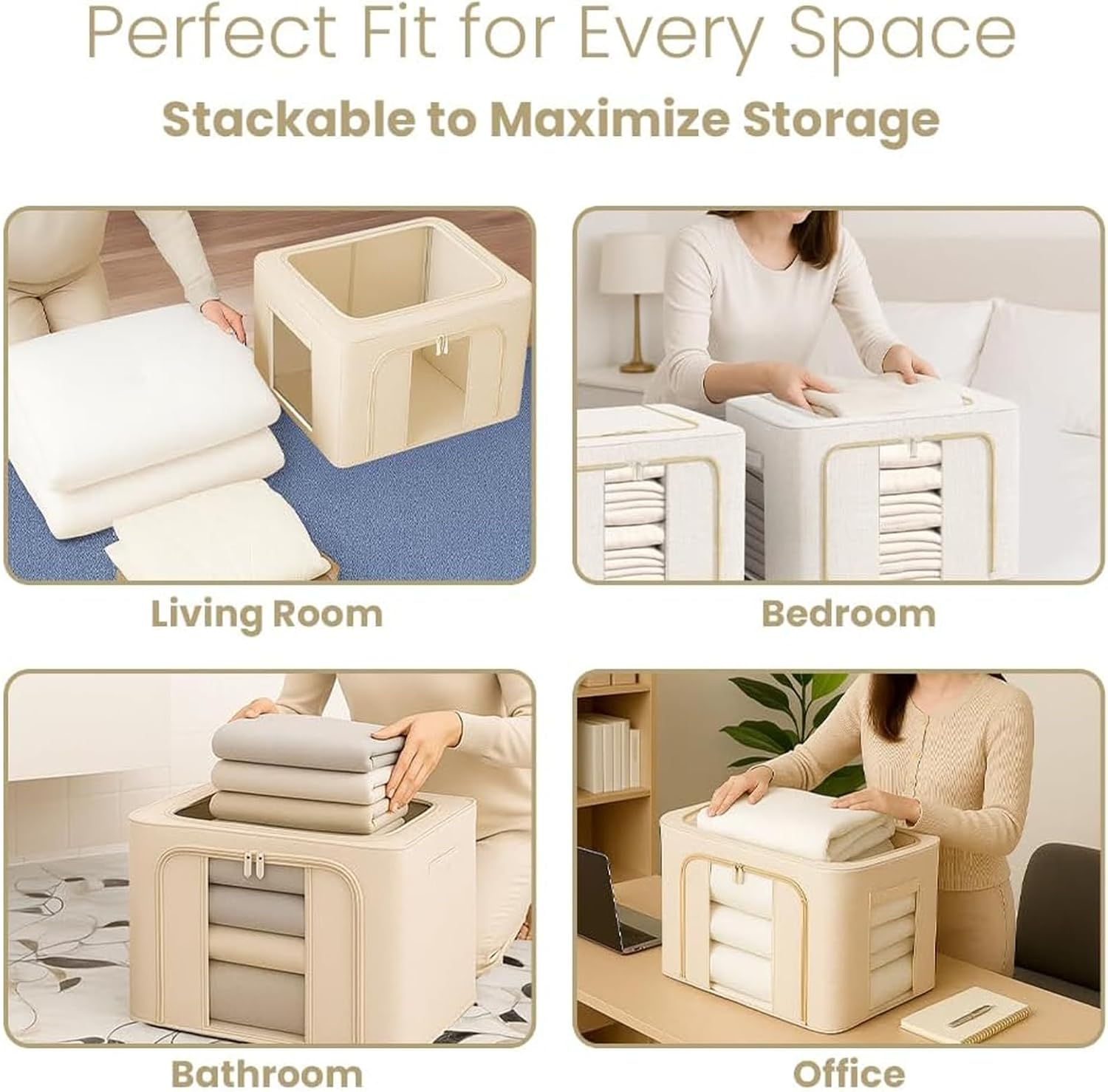 2 Pack Clothes Storage Box with Zipper, 66L Foldable Linen Container with Handles Large Capacity Storage Organizer (Milky White 66L) image number 1