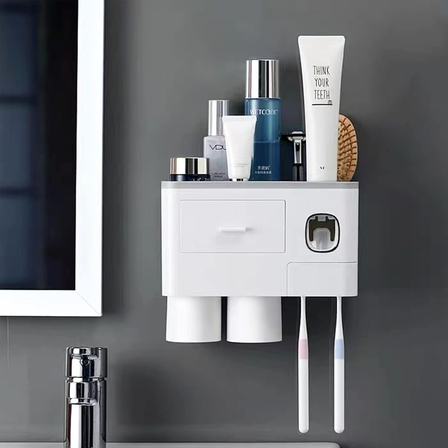Hushnow Toothbrush Holder Wall Mounted,Toothbrush Storage Box with Dust Cover, Equipped with Toothpaste Dispenser,Cup and Drawer Storage Box(2 Cups, Gray Toothbrush Holder)