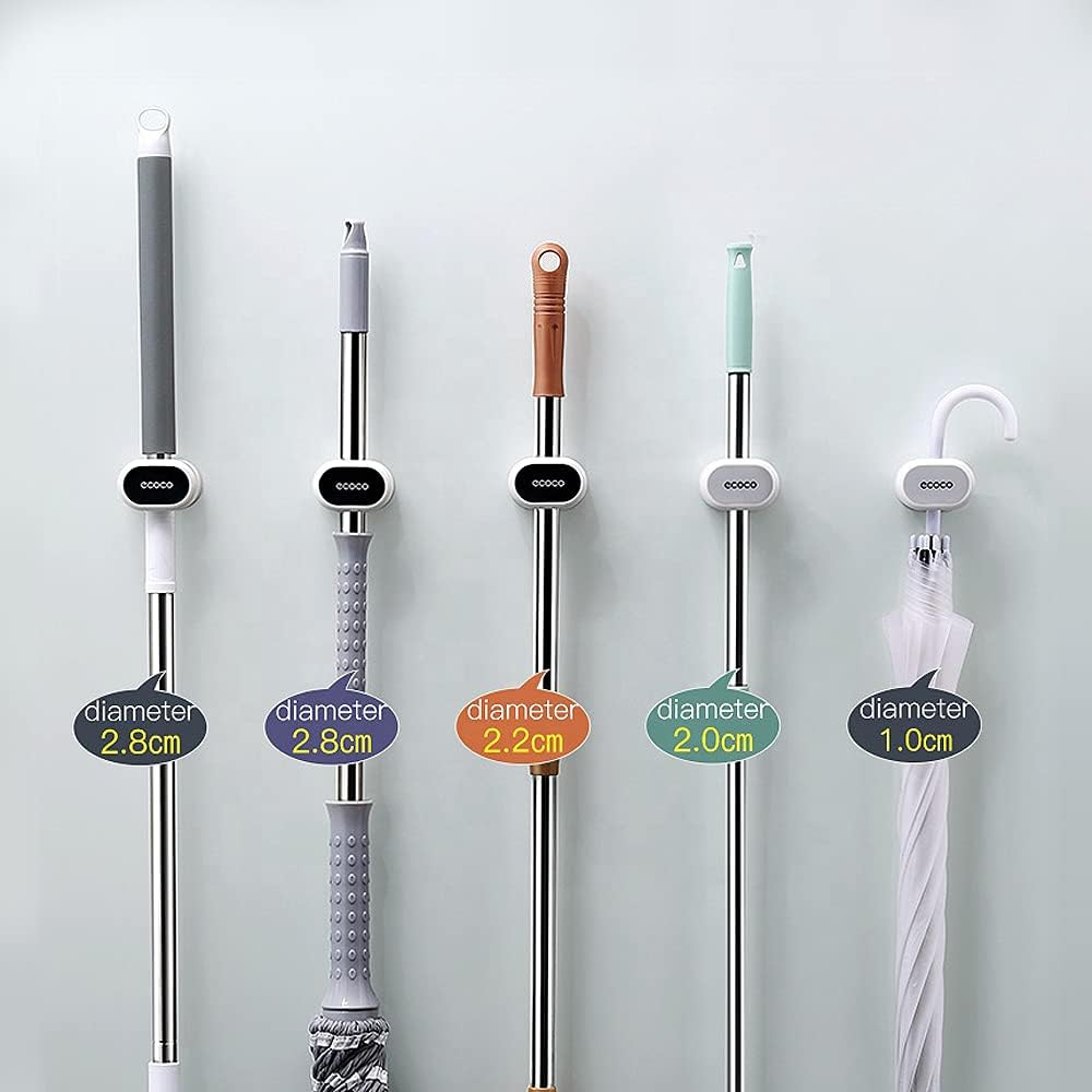 Mop Broom Tool Multipurpose Holder for Home Storage Organisation in Your Kitchen,Laundry,Garage,Garden,Caravan,Motorhome. Stylish Design.Easy Wall Mount SUPER ADHESIVE Strip. No Drilling.(White/Grey) - White/Black image number 2