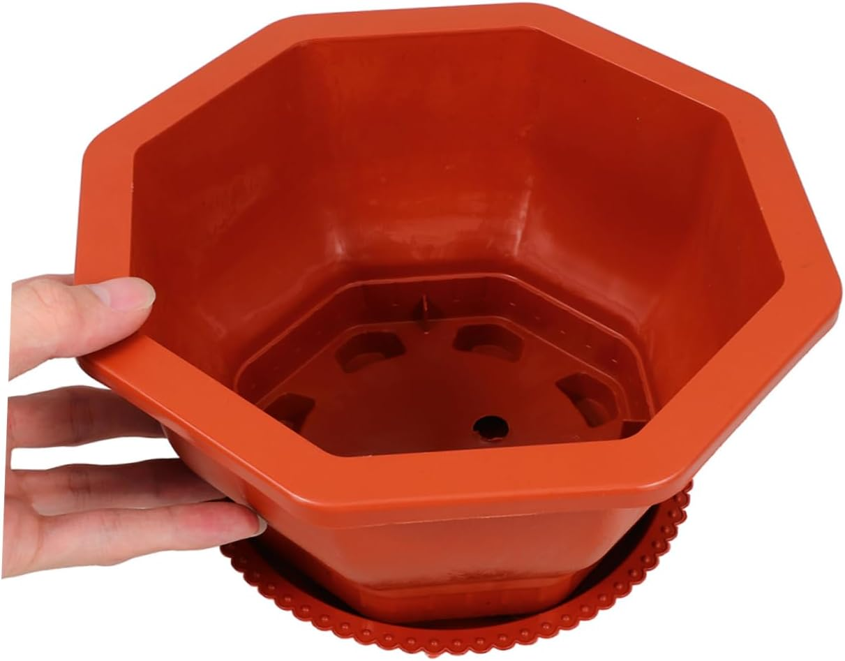 KONTONTY Octagonal Red Plant Pots 5Pcs with Saucers Thickened Plastic Indoor Plant Pots Outdoor Planters Small Indoor Planter for Home Gardening image number 5