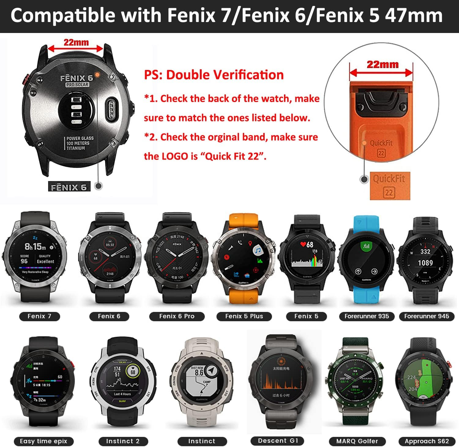 ANBEST Bracelet for Garmin Fenix 6 Pro/Fenix 7 Pro/Fenix 5/Fenix 6/7 Bracelet, 22 Mm Quick Fit Replacement Strap for Forerunner 945/965/955/EPIX 2/Instinct 2/Approach S62/S60 Silicone Wristbands image number 5