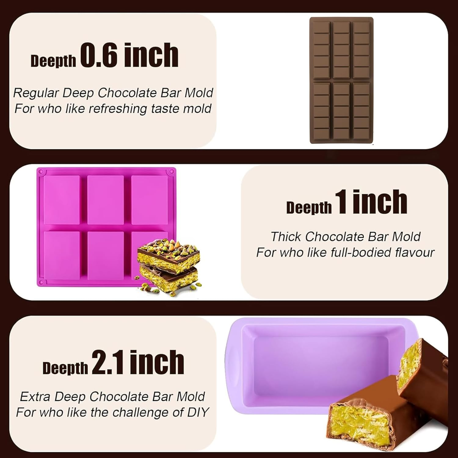 Chocolate Bar Mold,Non-Stick Silicone Chocolate Candy Molds,For Filling Pistachio Chocolate Bar,With Bags Scraper and 100Pcs Storage Bags image number 4