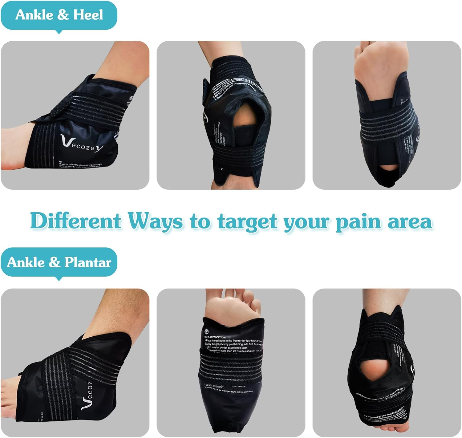 Vecozey Reusable Gel Ice Packs for Ankles and Heels Injuries, 2Pcs Ankle Ice Pack Wrap for Swelling, Plantar Fasciitis, Foot Pain Relief, Hot Cold Compression for Achilles Tendonitis, Sprain Ankles