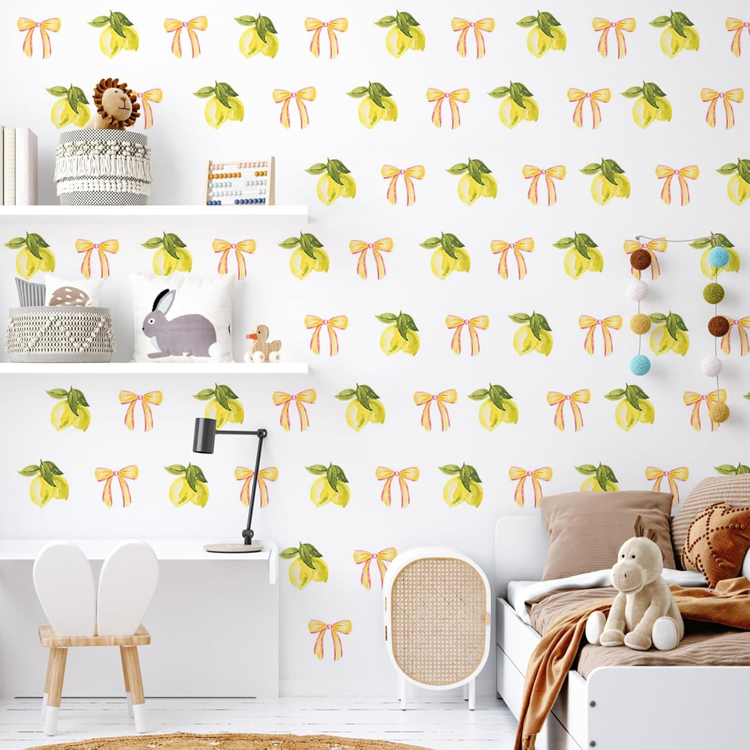 Untilplan 48 Pcs Flowers Wall Decal Boho Wall Decals Vinyl Wall Lemon Stickers Cute Girls Groovy Floral Stickers for Baby Kids Bedroom Bathroom Living Room Home Decoration-Lemo image number 2