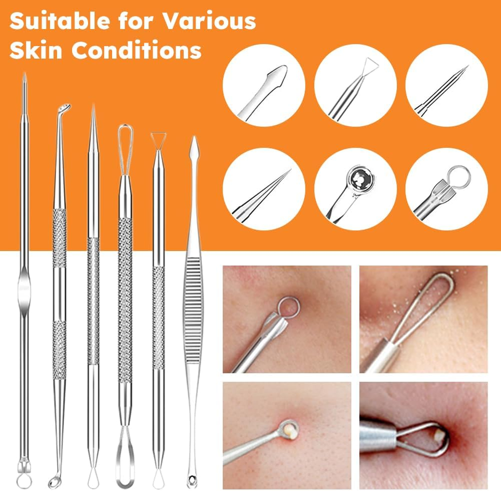 15PCS Heads Blackhead Remover, Pimple Comedone Extractor, Acne Whitehead Blemish Removal Kit, Premium Stainless Steel,With Metal Case (Silver) image number 5