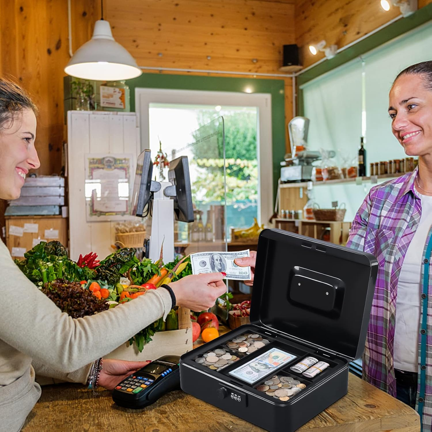 Cash Box with Combination Lock Safe Metal Money Box with Money Tray for Security Lock Box Black image number 4