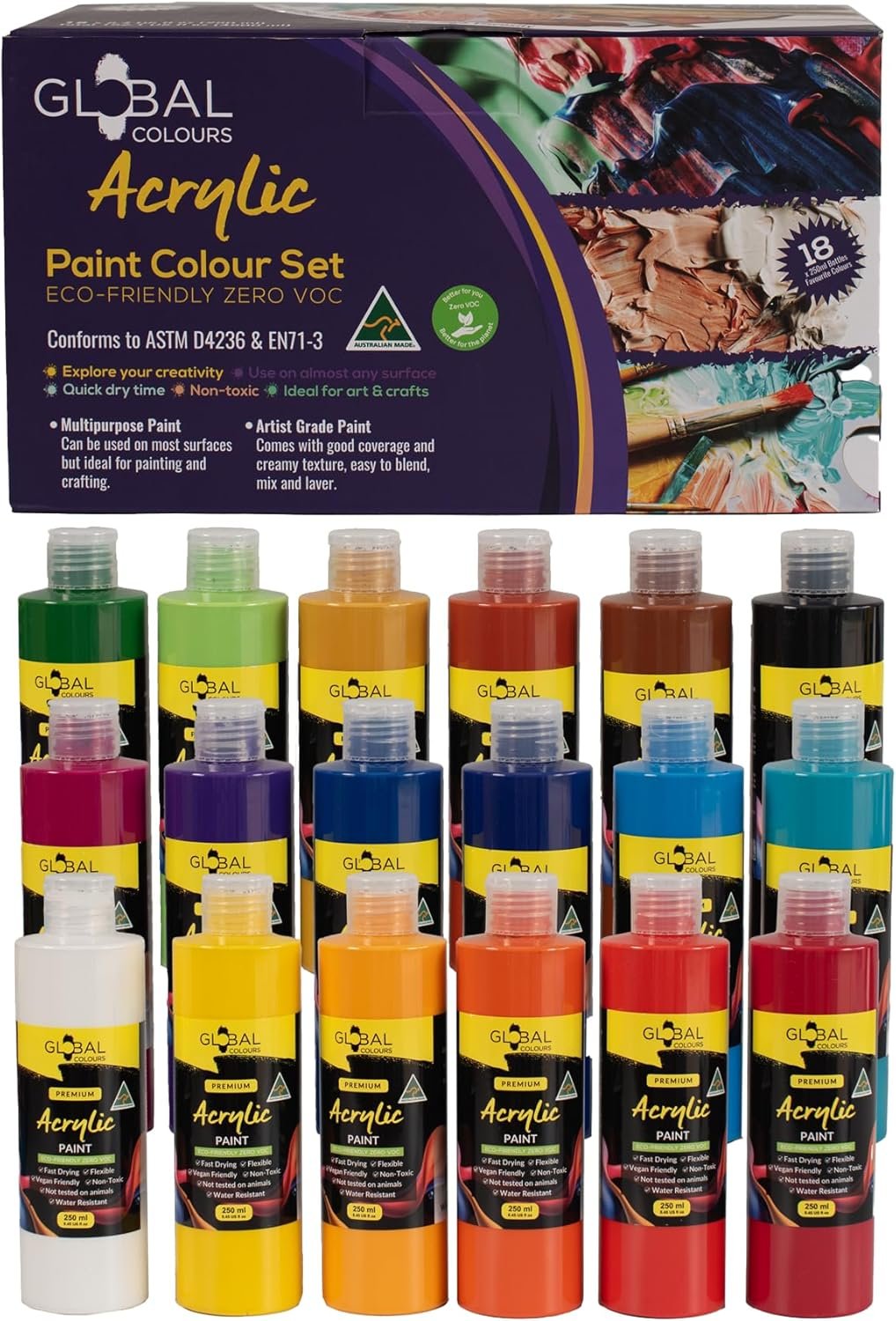 GLOBAL COLOURS Acrylic Paint Set &ndash; 18 X 250Ml Bottles &ndash; Made in Australia | Non-Toxic Artist Paint for Canvas, Wood, Paper, Ceramics &ndash; Rich Colours for Classrooms, Studios & Professionals image number 2