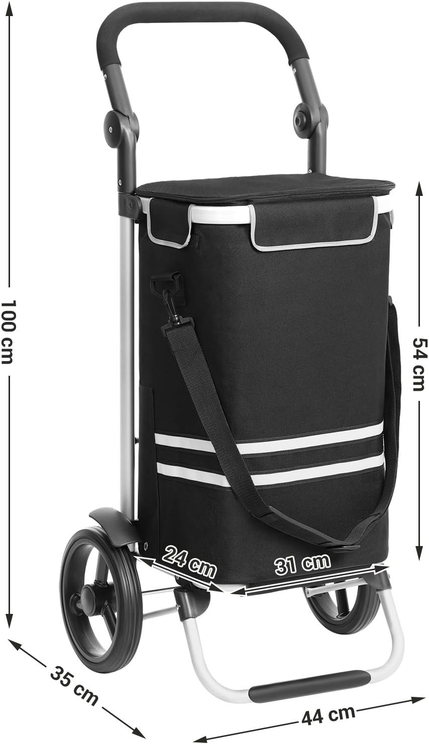 SONGMICS Shopping Trolley, Foldable Shopping Cart, Solid, with Insulated Cooling Bag, Large Capacity 35L, Multifunctional Luggage Cart with Wheels, Detachable Backpack, Black KST03BK