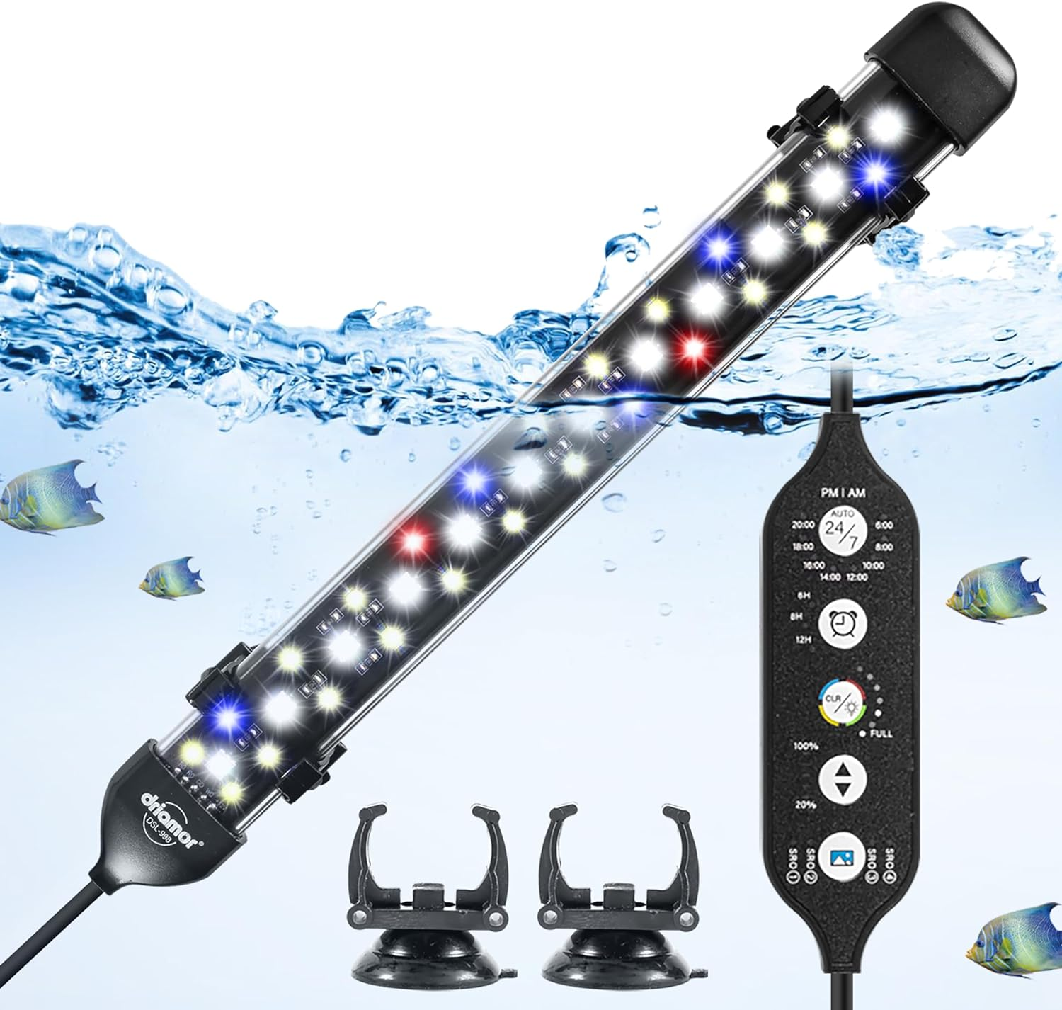 Driamor Submersible Aquarium Light, 38 CM Fish Tank Light with 60Pcs LED Beads IP68 Waterproof Brightness Adjustable RGB LED Lamp with Timer Mode, 24/7 Auto Cycle Mode, 4 Scenes Mode and 7 Colors Mode
