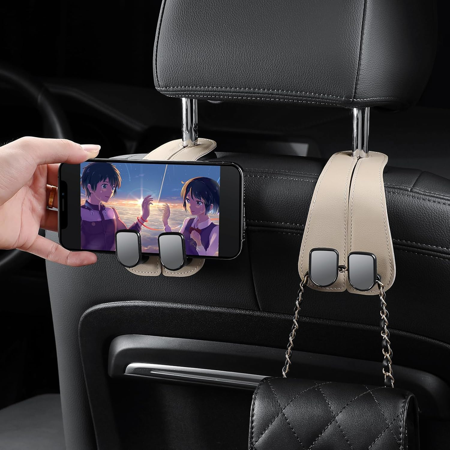 2 Pack KAFANLIN Car Headrest Hooks for Purses and Bags Cute Leather Car Seat Back Head Rest Double Hooks for Bags Cute Pink Beige Car Accessories Headrest Back Seat Handbags Hook (Black 2 Pack) - Kafanlin Gray 2 Pack image number 2