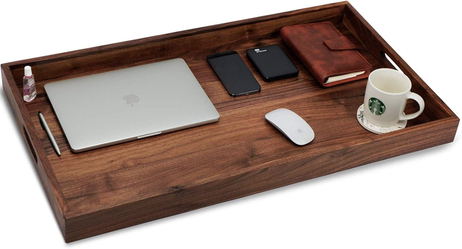 MAGIGO 32 X 18 Inches Extra Large Rectangle Black Walnut Wood Ottoman Tray with Handles, Serve Tea, Coffee Classic Wooden Decorative Serving Tray image number 5