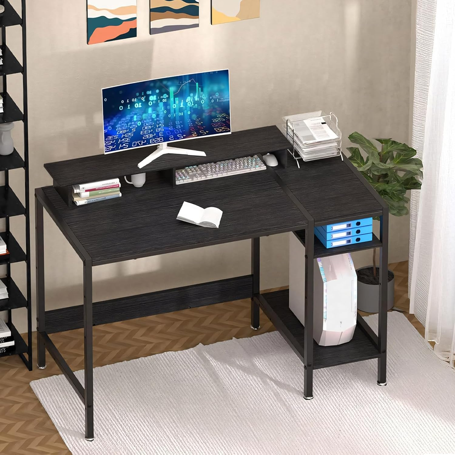 Computer Desk with Reversible Storage Shelves, Home Office Desk with Monitor Stand, Modern Simple Writing Table for Work Study Writing,100 * 45 * 76Cm, Black image number 5
