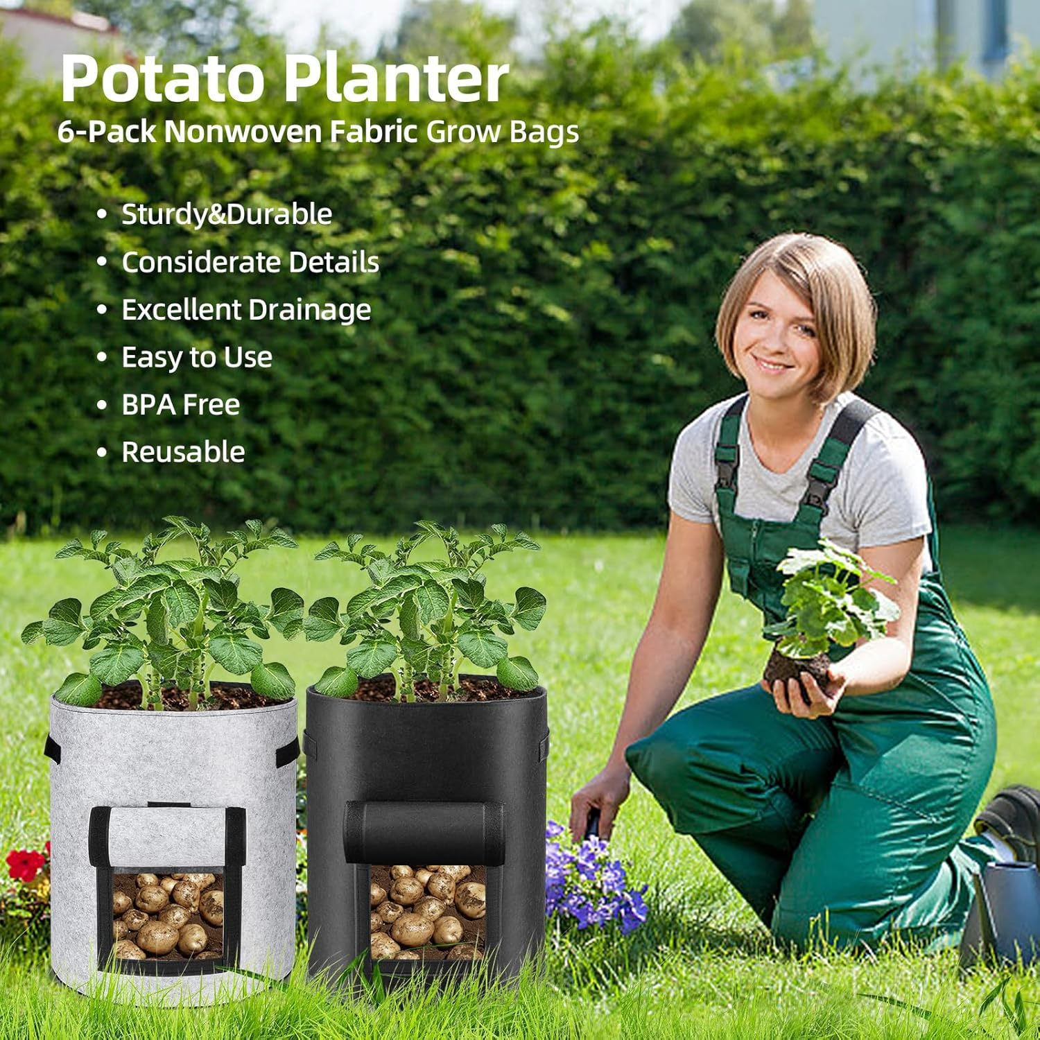 6 Pack Potato Grow Bags, 10 Gallon Planting Bags Large Fabric Pots with Flap Window Vegetable Planter Garden Pot Tall Potato Growing Containers with Handles for Vegetables, Fruits, Black + Grey image number 2