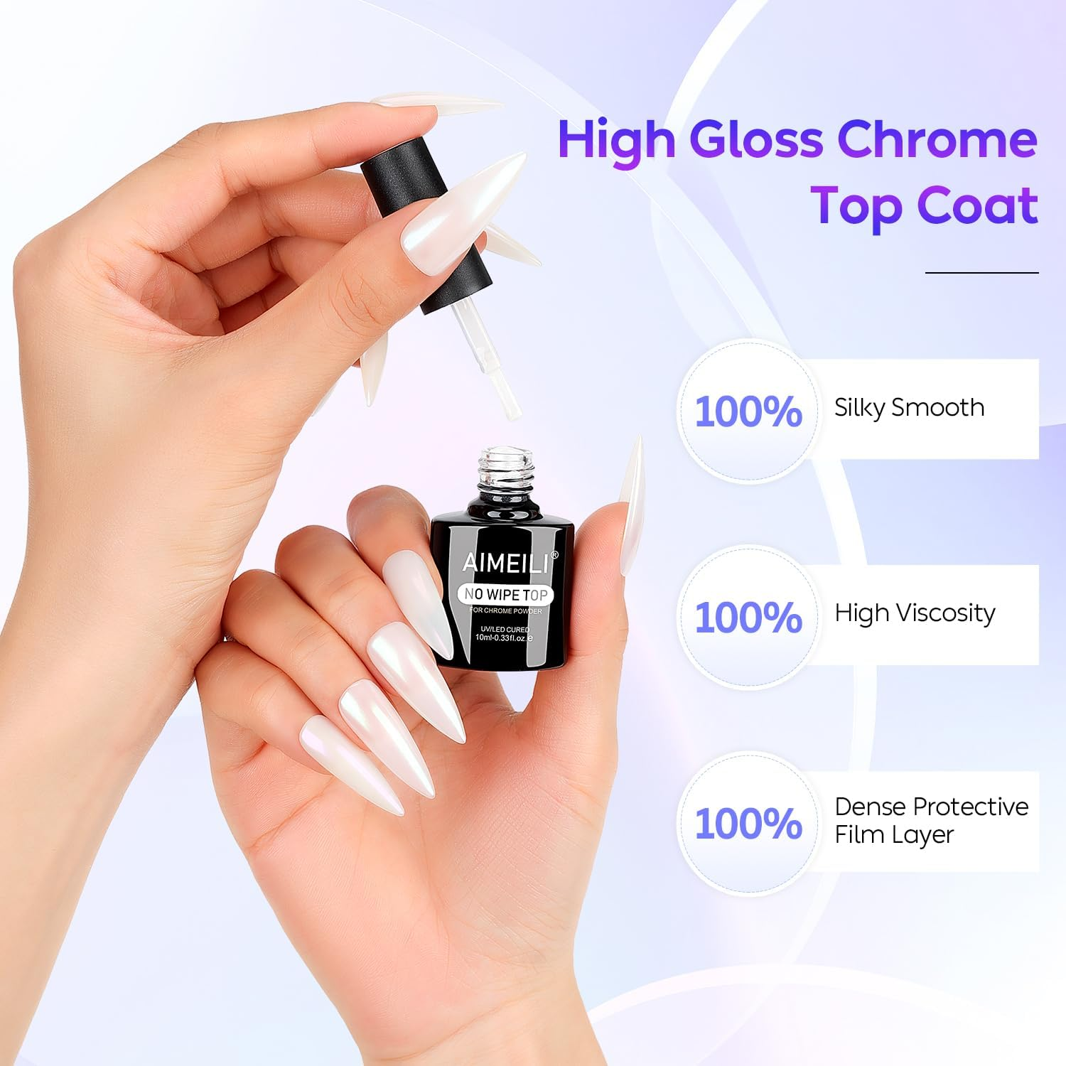 AIMEILI Gel Top Coat for Chrome Nail Powder, Hema Free, Cruelty Free, Vegan, Clear No Wipe High Gloss Top Gel Nail Polish Mirror Shine Long Lasting image number 5