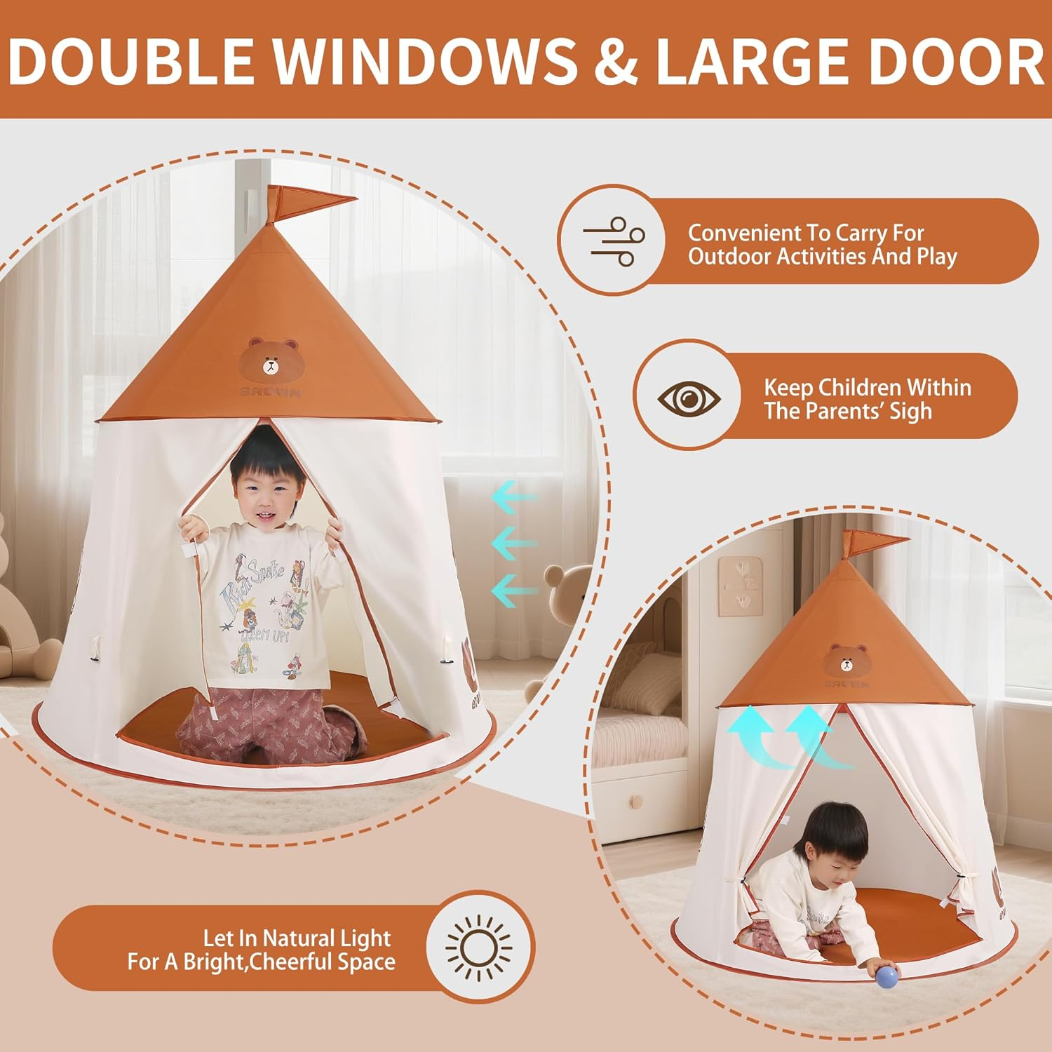 Kids Play Tent Pop-Up Indian Tent Tipi Baby Princess Prince Castle Play Tent Baby Garden Toys Indoor Outdoor Large Children Portable Playhouse Toddler Toys Christmas & Birthday Gift (Brown Bear) image number 1