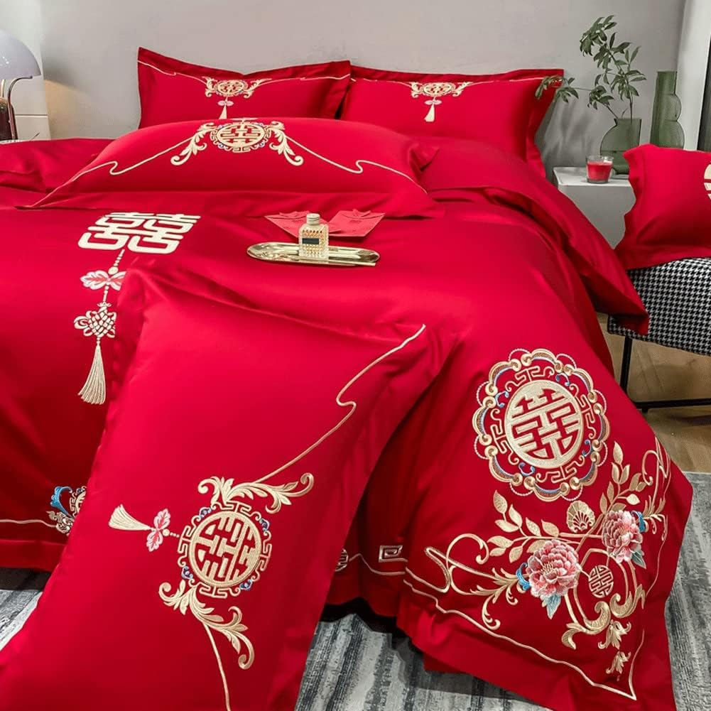 Red Duvet Cove King Double/Full 100% Skin-Friendly Cotton Super Soft 4-Piece Red Bedding Duvet Cover Set 1 Duvet Cover And1 Fitted Sheet and 2 Pillow Shams (Color : Red A, Size : 220X240-180X200Cm)
