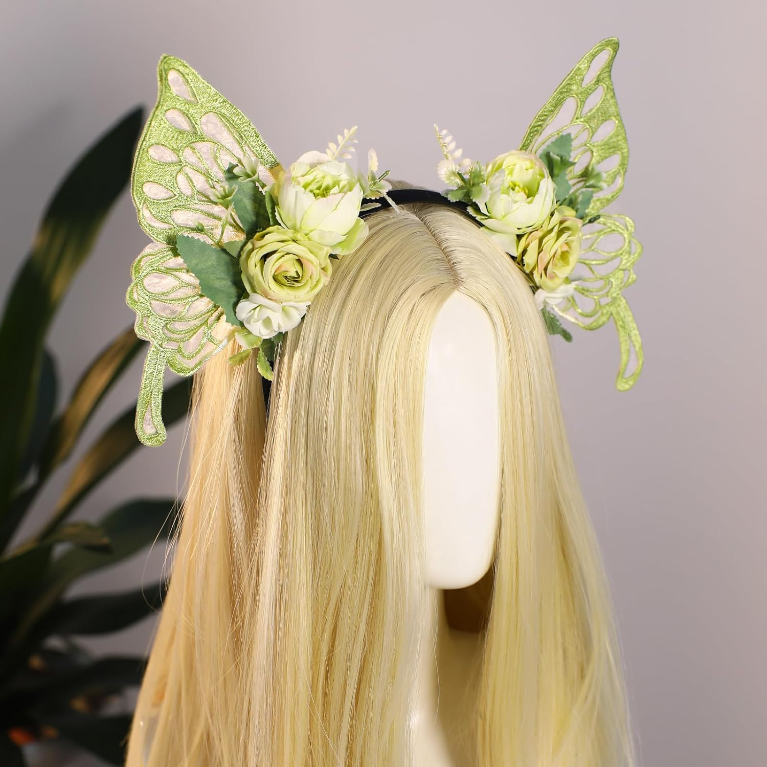 MOSTORY Green Fairy Butterfly Crown, Flower Butterfly Wings Headband for Women, Woodland Floral Headpiece for Fairy Costume Renaissance Renfaire Elf Cosplay Halloween image number 4