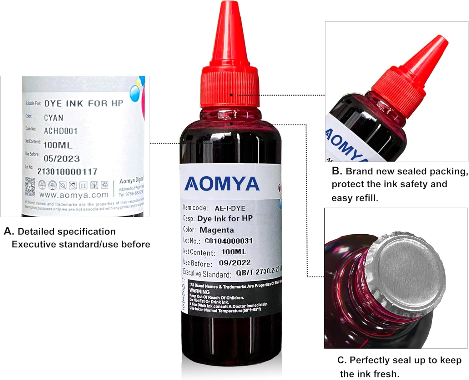 Aomya 5X100Ml Ink Refill Kit for HP 61 60 62 63 950 951 564 920 901 Inkjet Printer Cartridges Refillable Cartridge CIS CISS System with 4 Free Syringes (2 Black, 1 Cyan, 1 Magenta, 1 Yellow) - Black,Yellow image number 4