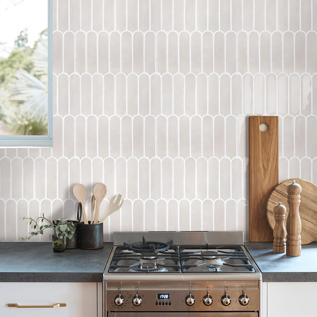 COMSTICKC Thicker Beige Peel and Stick Tile,10 Sheets of 12''X12'', 3D Fish Scale Peel and Stick Backsplash Tile Stickers Vinyl Backsplash Kitchen Bathroom Waterproof Removable - Fish Scale - Pink image number 6