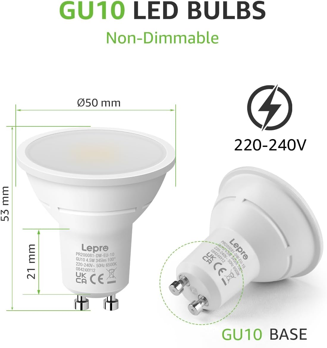 Lepro GU10 LED Bulbs, Cool White 6500K, 4.5W 345Lm Daylight Led Bulbs, No Flickering, 50W Halogen Bulb Equivalent, Non-Dimmable Energy Saving Light Bulbs, 100&deg; Wide Beam, 10 Packs