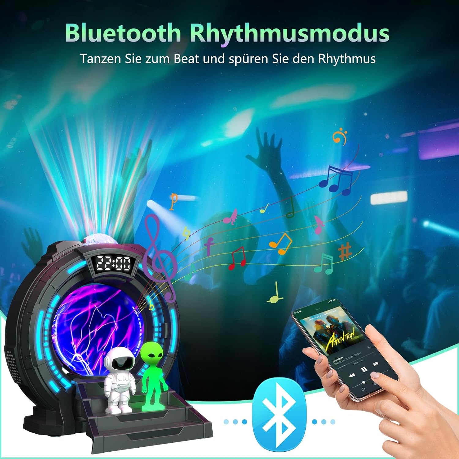 Galaxy Projector Starry Sky Projector Aurora Lamp with 8 Aurora Lights & 8 White Noise, Astronaut Projector with Plasma Ball, Bluetooth Speaker, Clock & Alarm Clock, Children image number 2