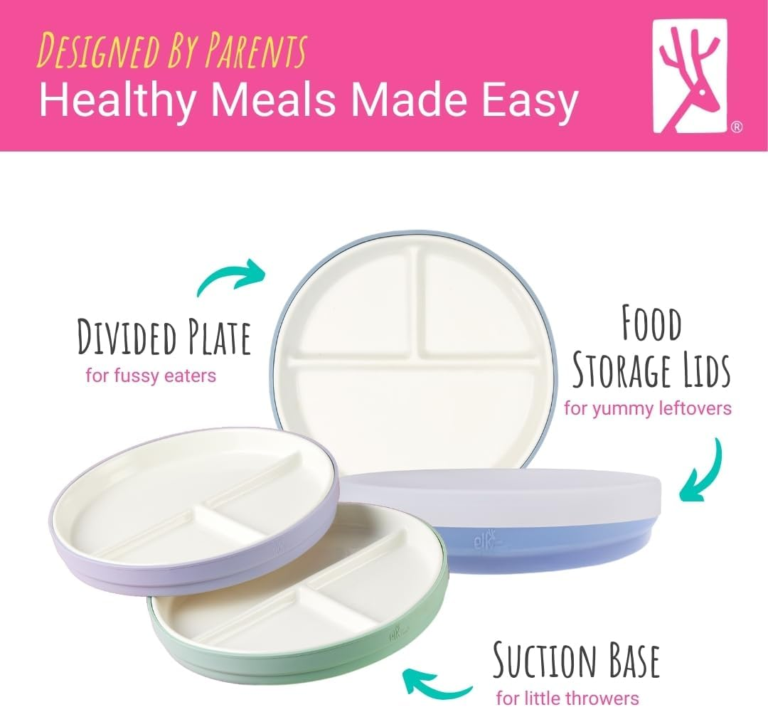 Elk and Friends Kids 7.8&rdquo; Porcelain White Divided Plates with Silicone Suction Sleeves + Lids | Suitable for Babies/Toddlers | Microwave & Dishwasher Safe | Stay Put Dinnerware | Snack Dishes | 4 Pack image number 1