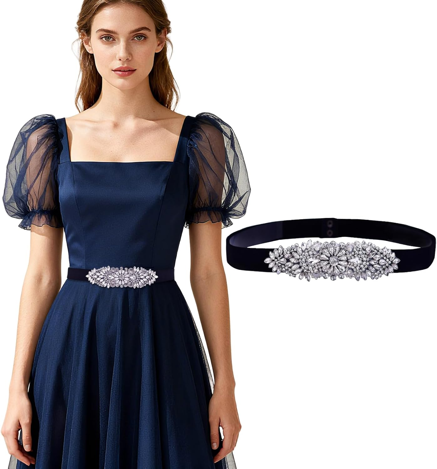 Women'S Rhinestone Stretchy Dress Belts，For Women Interlocking Stretch Belt ， Shiny Party Belt Elastic Waist Belt image number 4