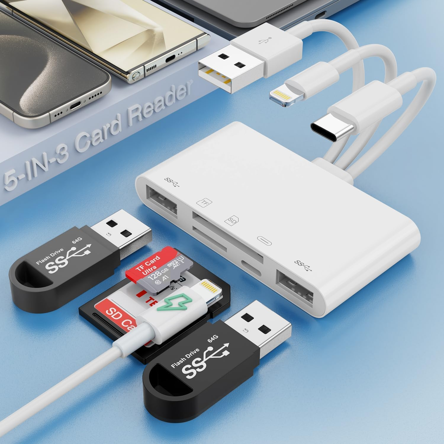 5-In-3 SD Card Reader for Iphone Ipad with USB a & Charging Port, Lightning + USB a + USB C to SD Memory Card Reader for Iphone/Ipad/Android/Macbook/Pc/Tablet/Camera/Hard Disk/Flash Drive image number 2