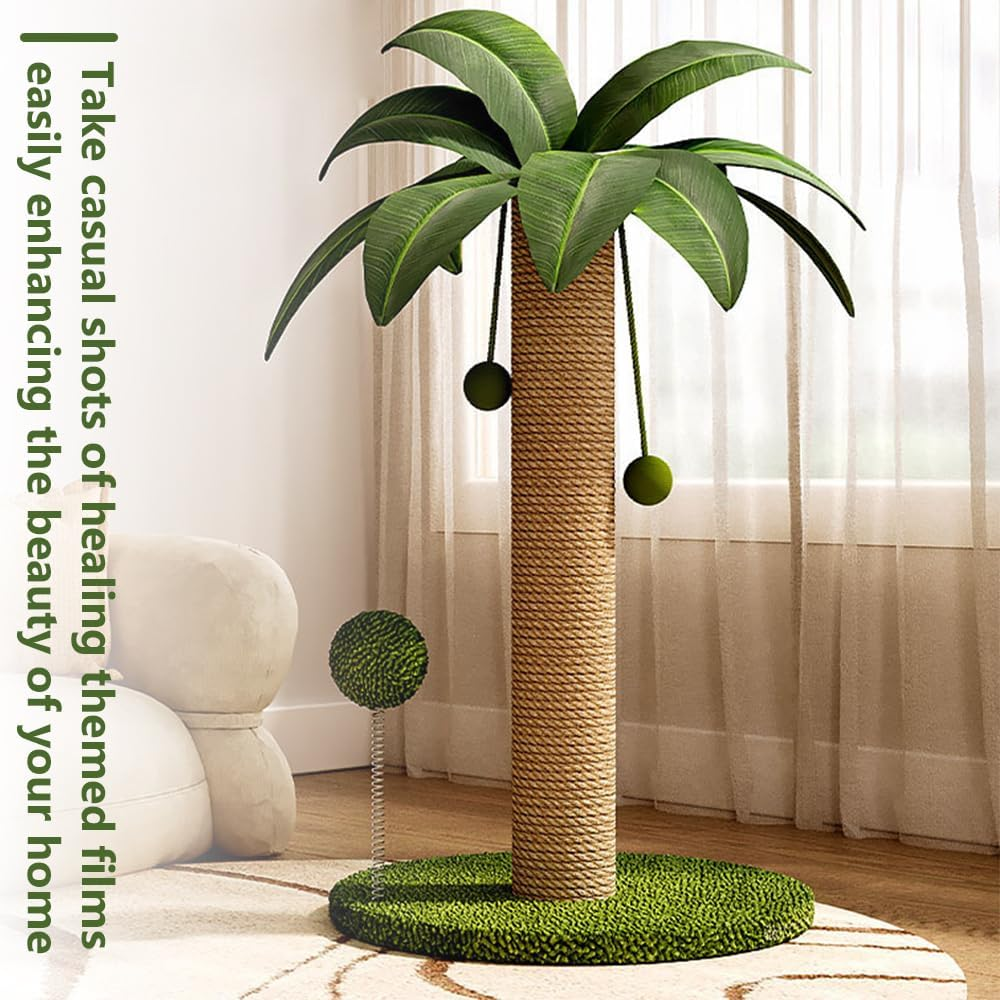 Coconut Tree Cat Scratching Post, Sisal Rope Pussy Pillar, Interactive Mog Tree, Stable Wide Base & Fun Hanging Balls, for All Cats image number 5
