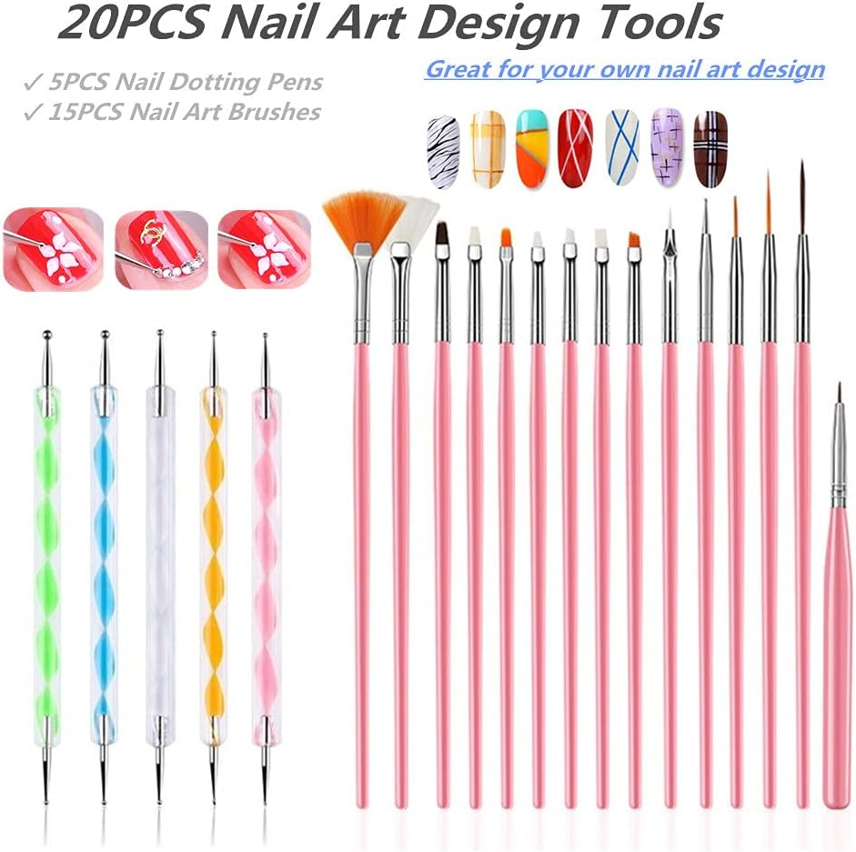 20PCS Nail Art Design Tools, 15PCS Painting Brushes Set with 5PCS Dotting Pens