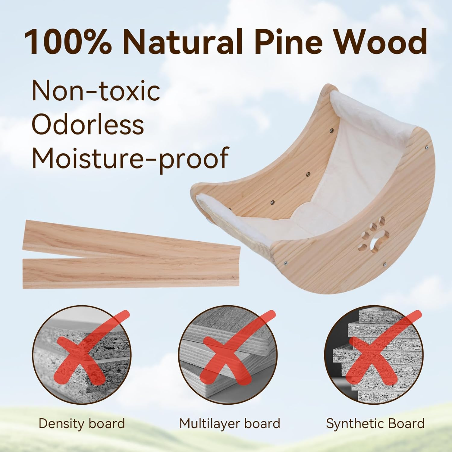 Cat Window Perch Hammock, Wooden Moon Cat Shelves with Strong Suction Cups for Indoor Cats Sleep Watch Birds, Soft Cover Mat image number 3