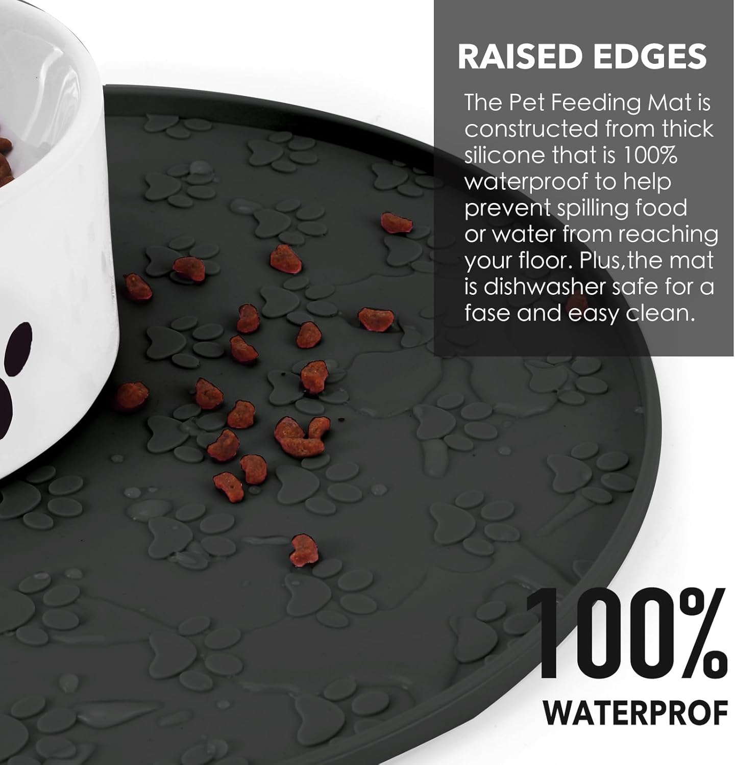 Silicone Pet Food Mat - Waterproof Dog & Cat Feeding Mat with High Lip to Prevent Spills & Protect Floors, Black image number 1