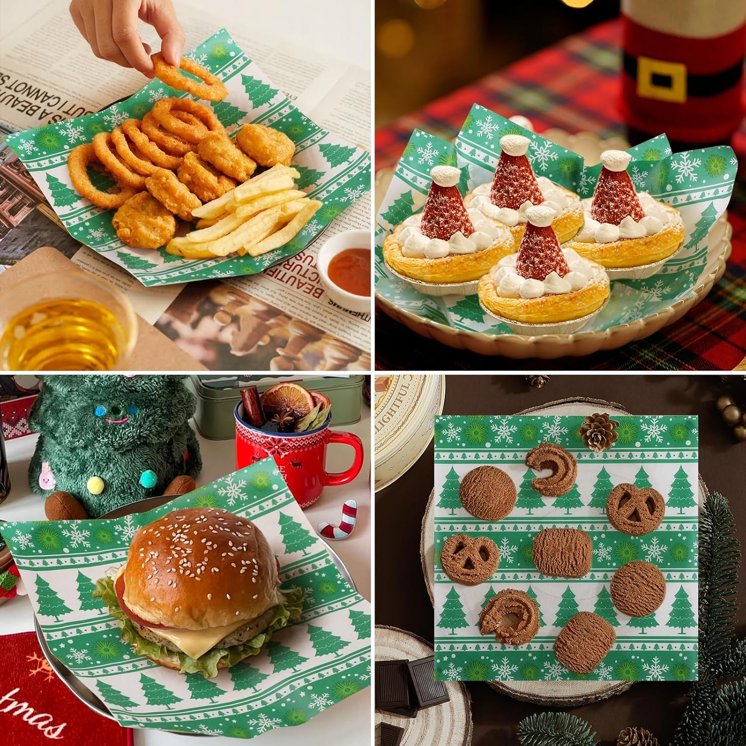 100 PCS Deli Paper Sheets 7X7 Inch, Christmas Decoration Food-Grade Greaseproof Paper Food Basket Liners for Sandwiches, Burgers, Fries Wrapping Paper Sheets Green Christmas Tree Snowflake - Red Snowflake image number 6
